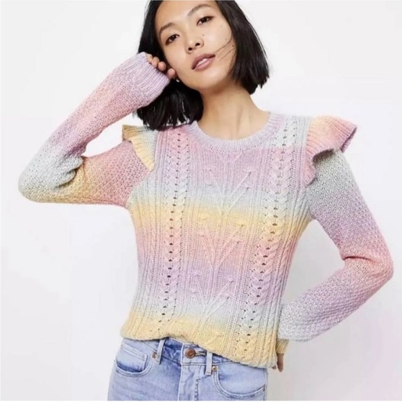 LOFT Sweaters - NWOT Loft Spacedye Ruffle Sleeve Rainbow Ombré Sweater